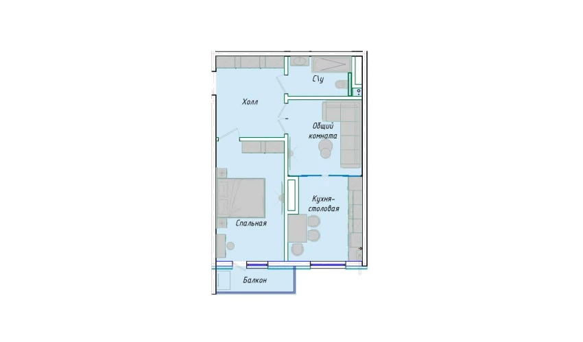 2-комнатная квартира 54.93 м²  9/12 этаж | Жилой комплекс SERGELI CITY