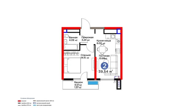 2-комнатная квартира 39.54 м²  9/16 этаж | Жилой комплекс BI SAN'AT
