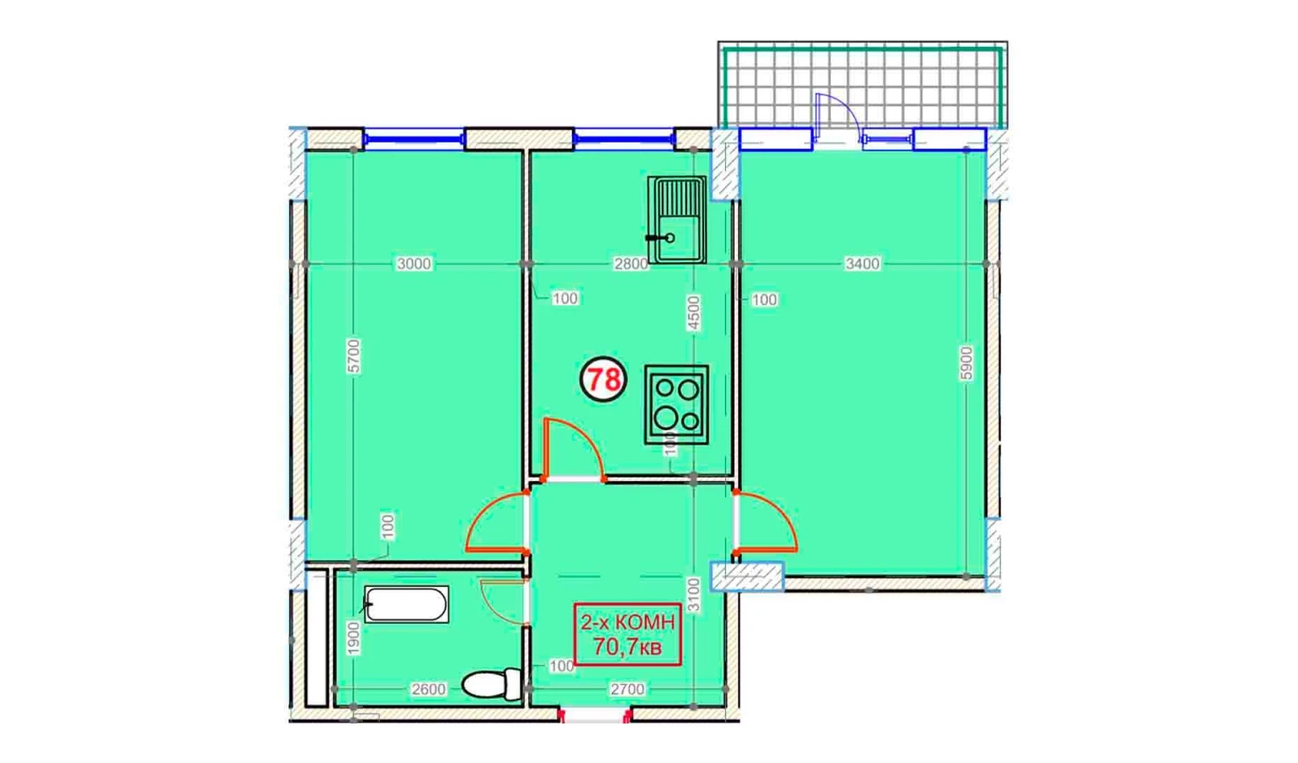 2-xonali xonadon 70.7 m²  9/9 qavat | XUMO Turar-joy majmuasi