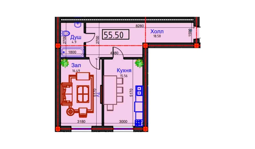 1-комнатная квартира 55.5 м²  1/9 этаж | Жилой комплекс BAHOR