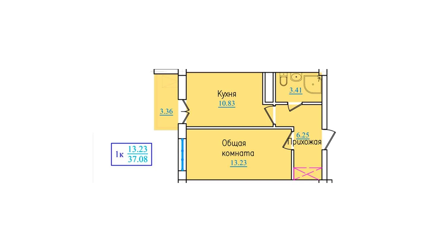 1-xonali xonadon 37.08 m²  8/9 qavat | PROVANS Turar-joy majmuasi