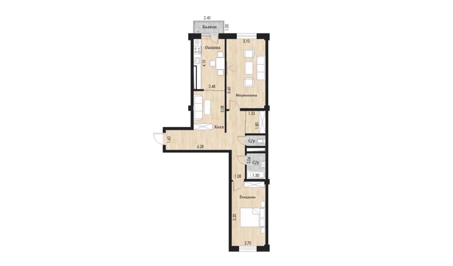 2-комн. квартира 76.46 м²  7/10 этаж | Жилой комплекс Ko'kcha-Oqtepa