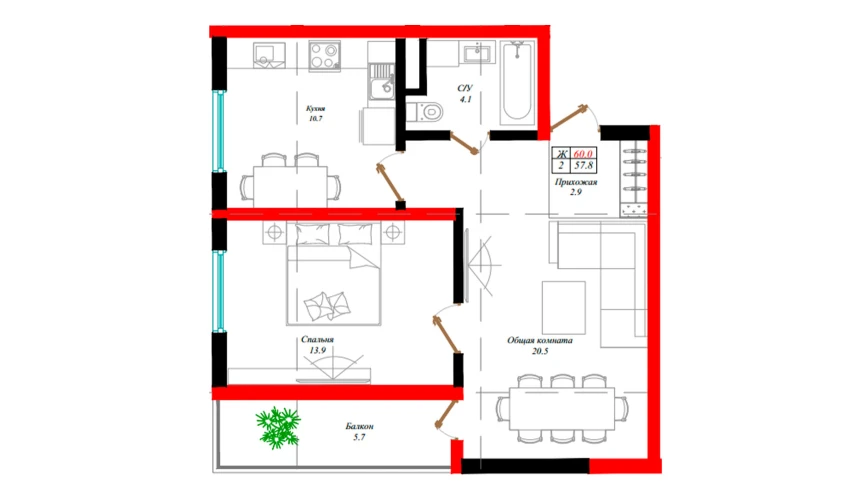 2-комнатная квартира 57.8 м²  7/12 этаж | Жилой комплекс Aman Residence