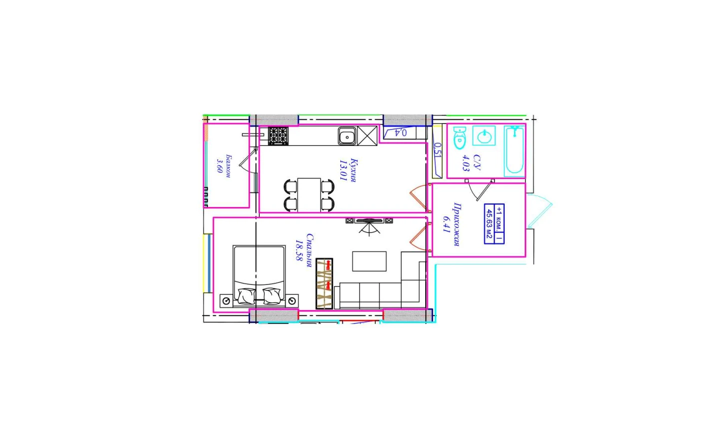 1-комн. квартира 45.63 м²  5/17 этаж | Жилой комплекс UCHTEPA CITY