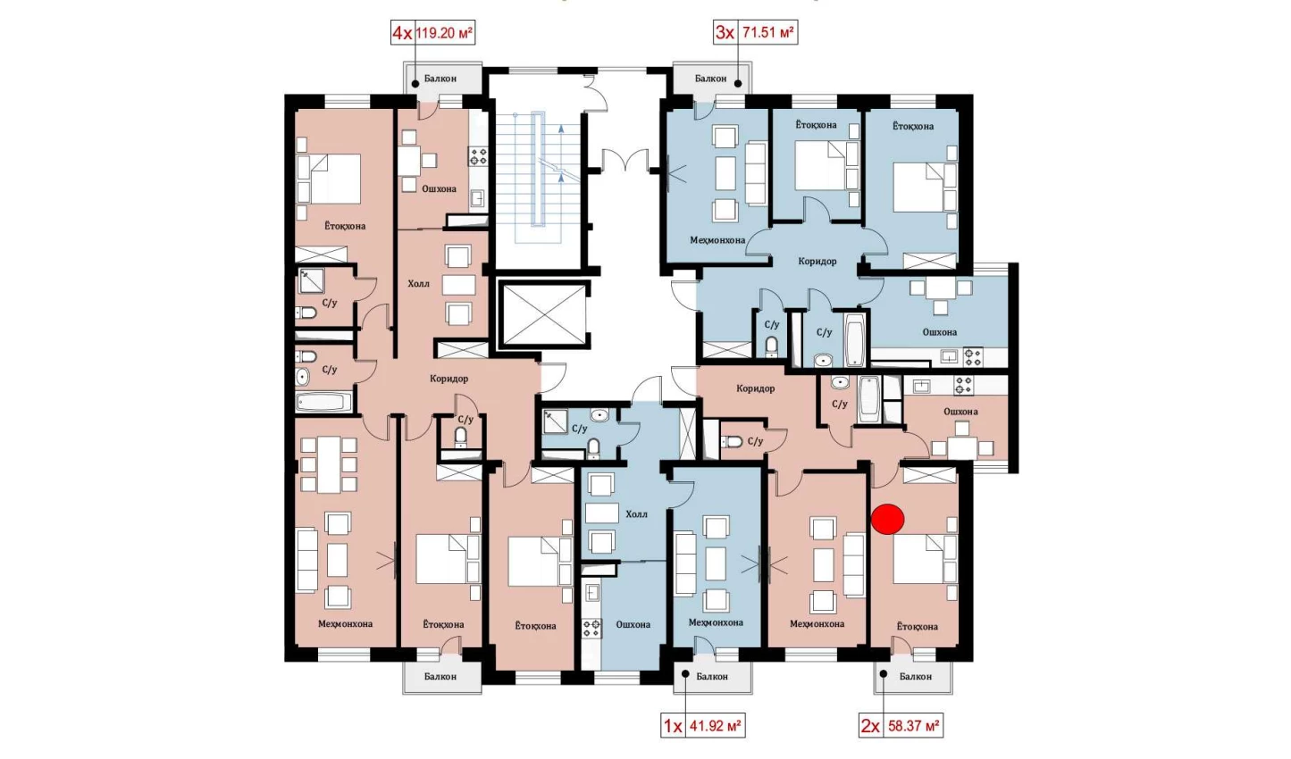 2-xonali xonadon 58.37 m²  5/10 qavat | Ko'kcha-Oqtepa Turar-joy majmuasi