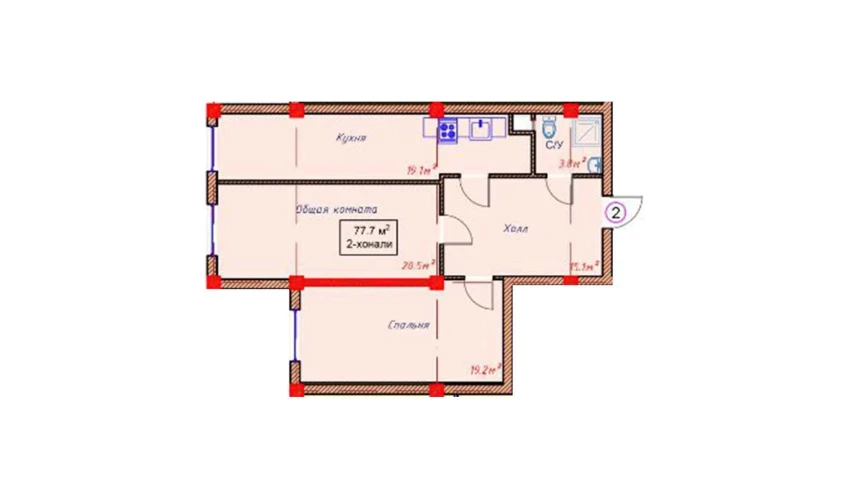 2-xonali xonadon 77.7 m²  1/9 qavat | Orzular Turar-joy majmuasi