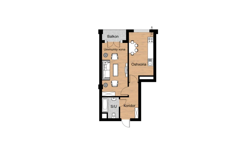 1-xonali xonadon 45.6 m²  13/16 qavat | Musaffo Turar-joy majmuasi