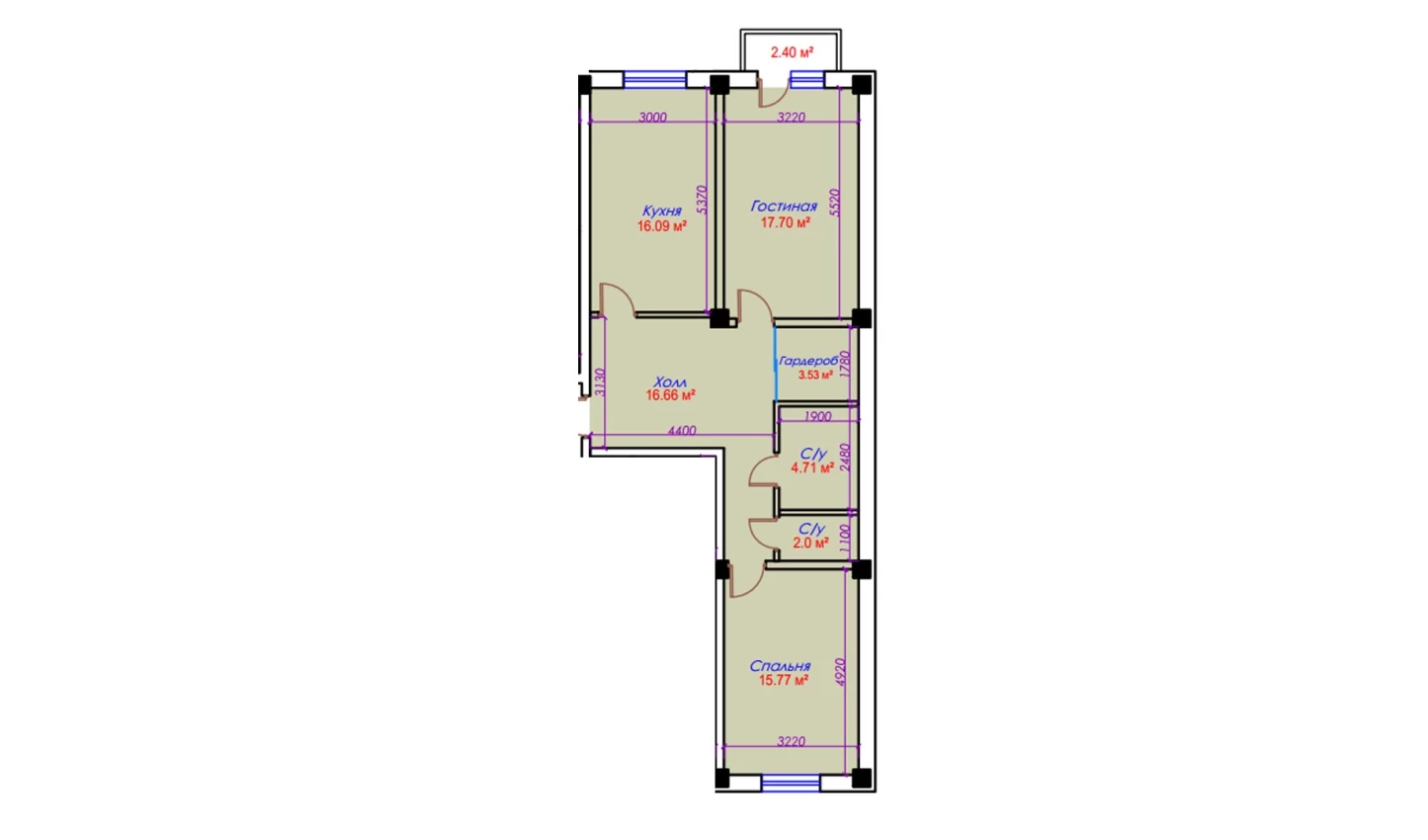 2-xonali xonadon 78.96 m²  9/10 qavat | Ko'kcha-Oqtepa Turar-joy majmuasi