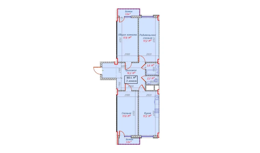 3-комнатная квартира 100.4 м²  9/16 этаж | Жилой комплекс Sam House (Qora Suv)