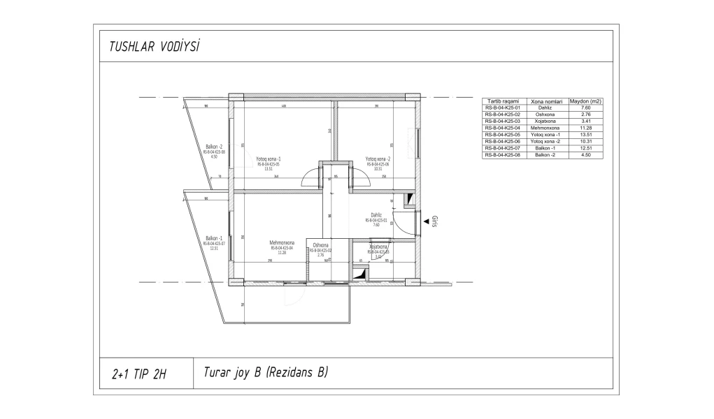 3-xonali xonadon 53.97 m²  2/6 qavat | TUSHLAR VODIYSI Turar-joy majmuasi