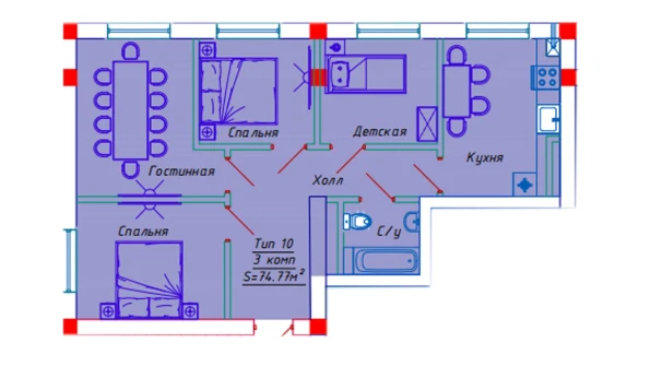 4-xonali xonadon 74.77 m²  10/10 qavat | Emir Turar-joy majmuasi