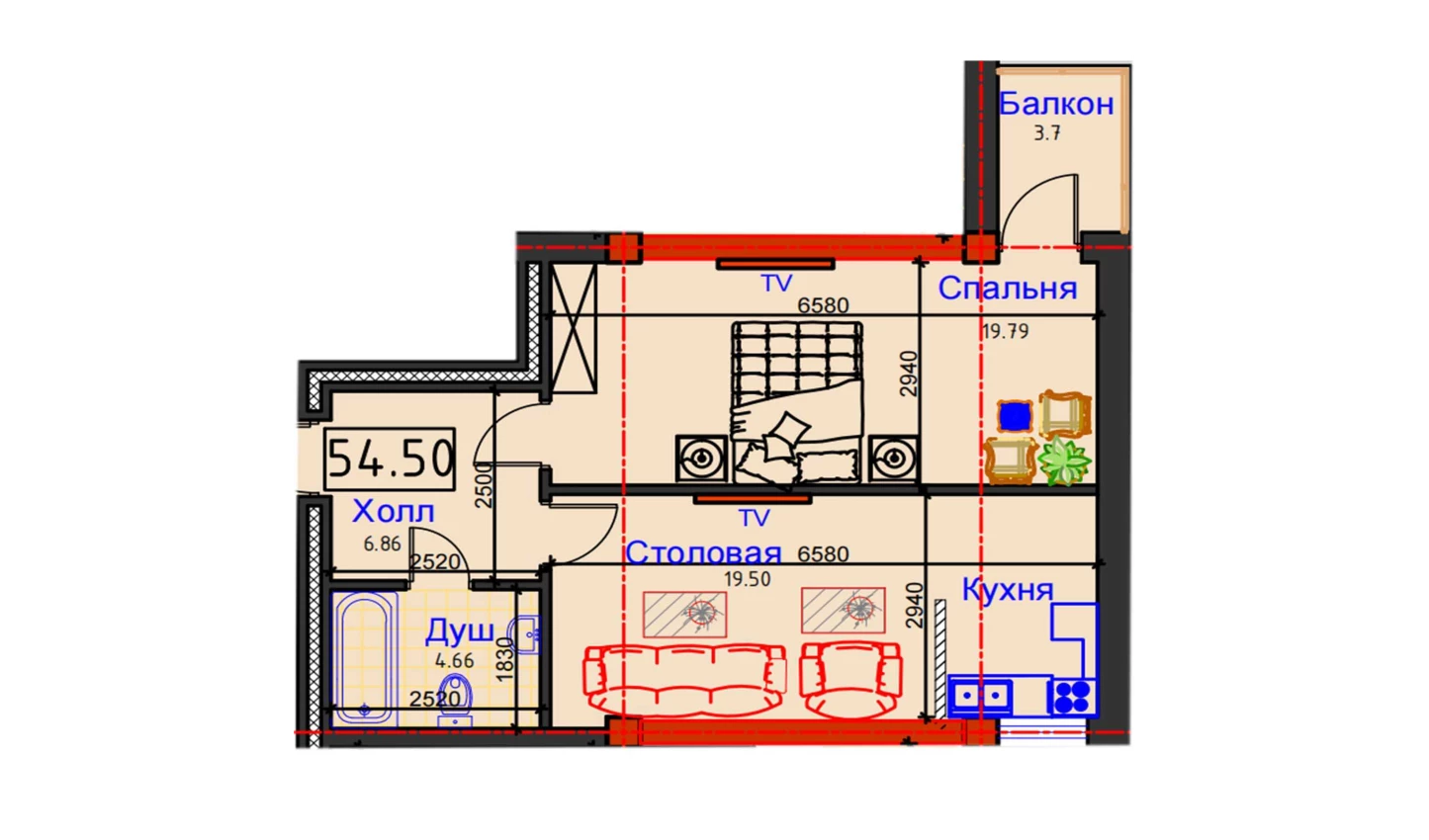 1-xonali xonadon 54.5 m²  2/12 qavat | GAGARIN AVENUE Turar-joy majmuasi