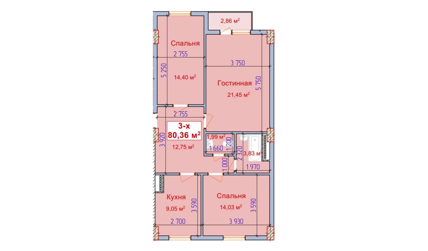3-комн. квартира 80.36 м²  4/9 этаж | Жилой комплекс SHAYX-UL OLAM
