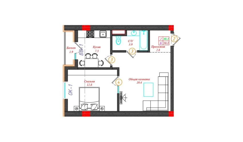 2-комнатная квартира 50.3 м²  8/12 этаж | Жилой комплекс CHINARA PARK