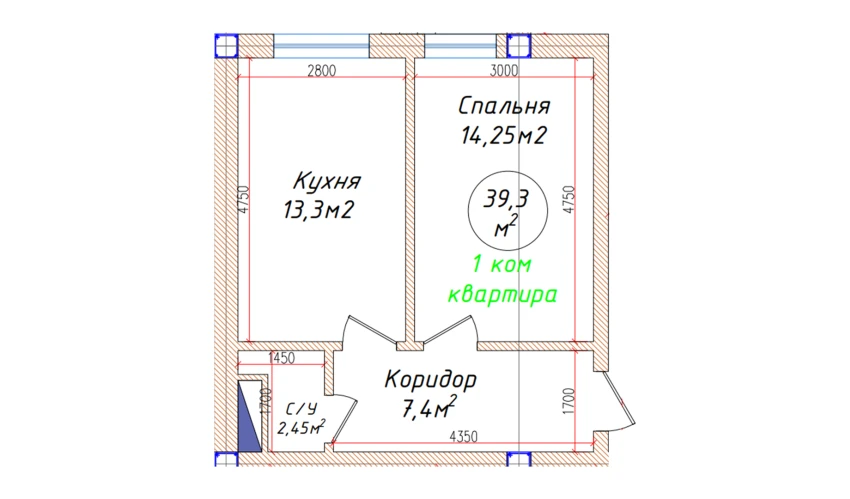 1-xonali xonadon 39.3 m²  1/5 qavat | Oq mahalla Turar-joy majmuasi