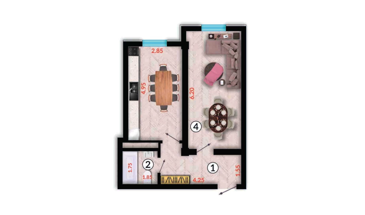 1-xonali xonadon 45.03 m²  5/10 qavat | Ko'kcha-Oqtepa Turar-joy majmuasi