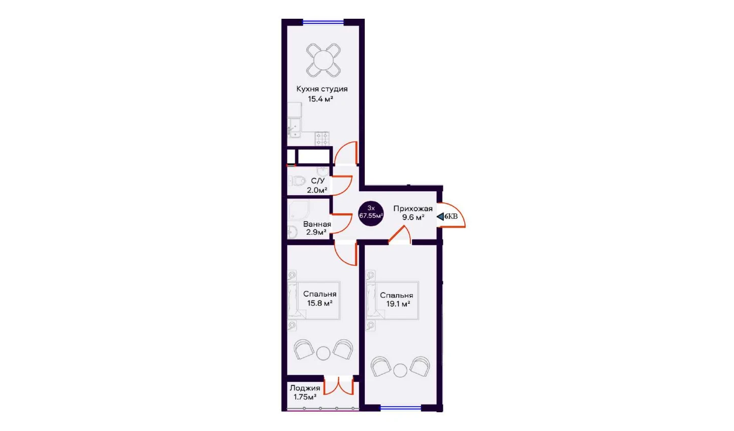 3-xonali xonadon 67.55 m²  3/16 qavat | Crystal Avenue Turar-joy majmuasi