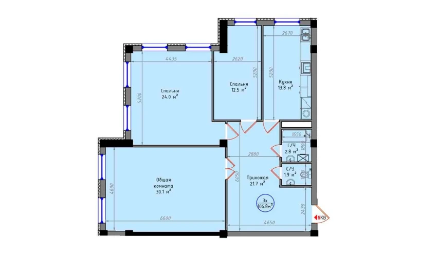 3-комнатная квартира 106.8 м²  2/12 этаж | Жилой комплекс Zamin Jizzax