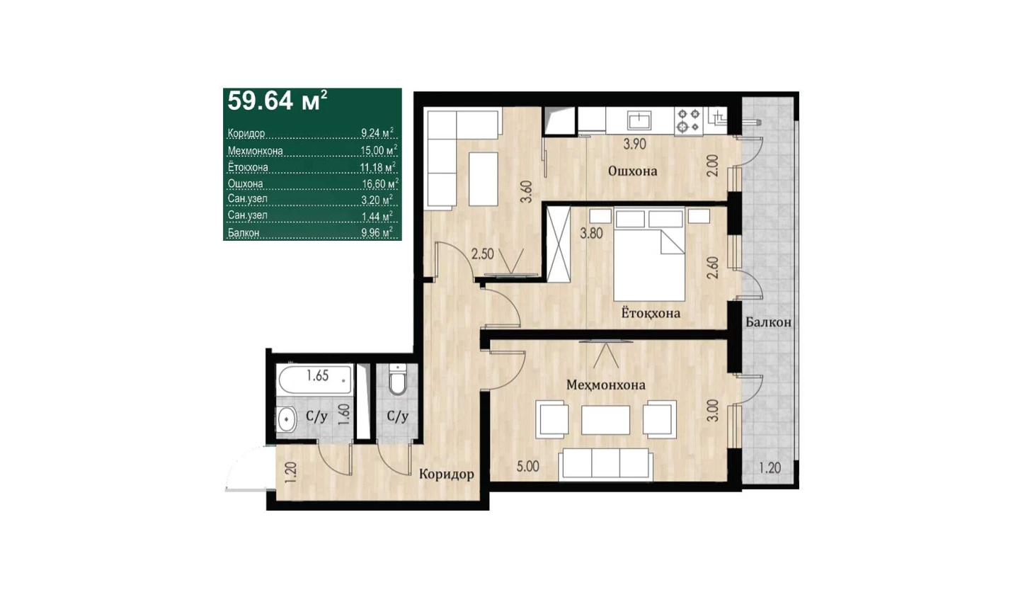 2-xonali xonadon 59.64 m²  9/16 qavat | SOKIN DIYOR Turar-joy majmuasi