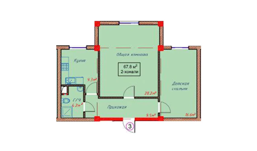 2-комнатная квартира 67.8 м²  1/9 этаж | Жилой комплекс Orzular