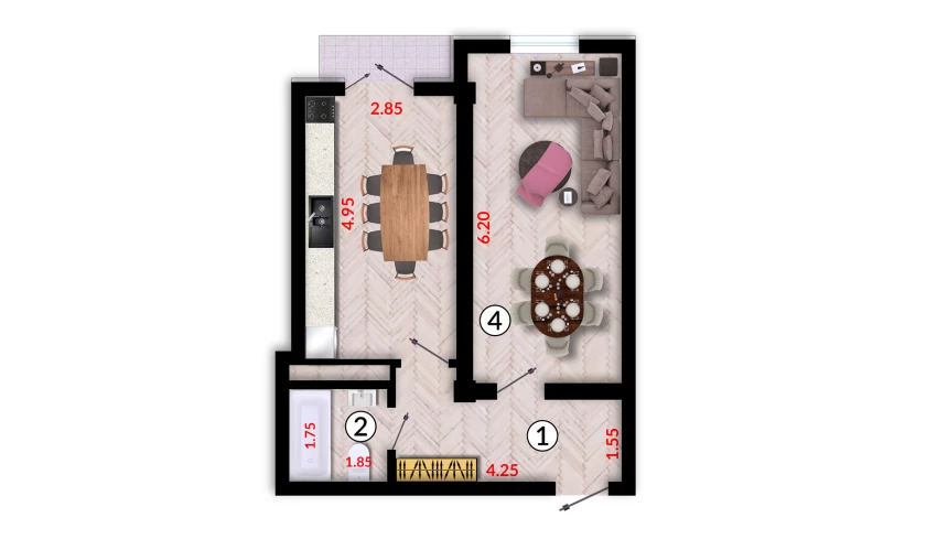1-xonali xonadon 45.03 m²  4/10 qavat | Ko'kcha-Oqtepa Turar-joy majmuasi