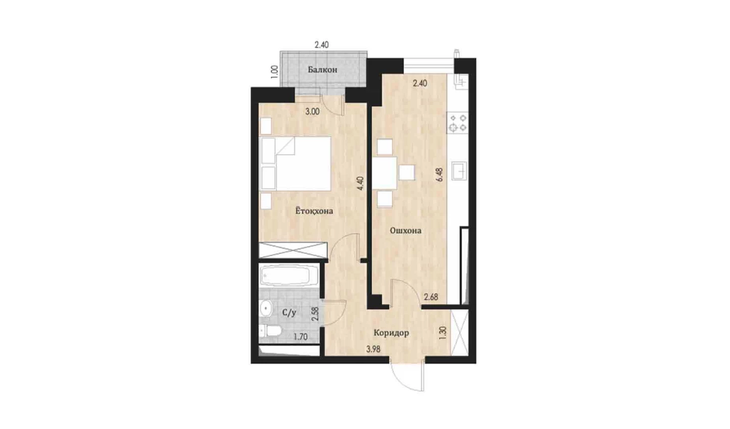 1-комн. квартира 44.59 м²  9/10 этаж | Жилой комплекс Ko'kcha-Oqtepa