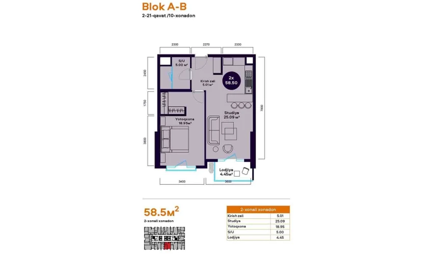 2-комнатная квартира 58.5 м²  9/22 этаж | Жилой комплекс Central Avenue