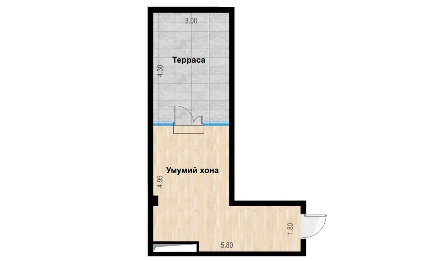 1-xonali xonadon 57.56 m²  7/7 qavat | Bochka Resort Turar-joy majmuasi