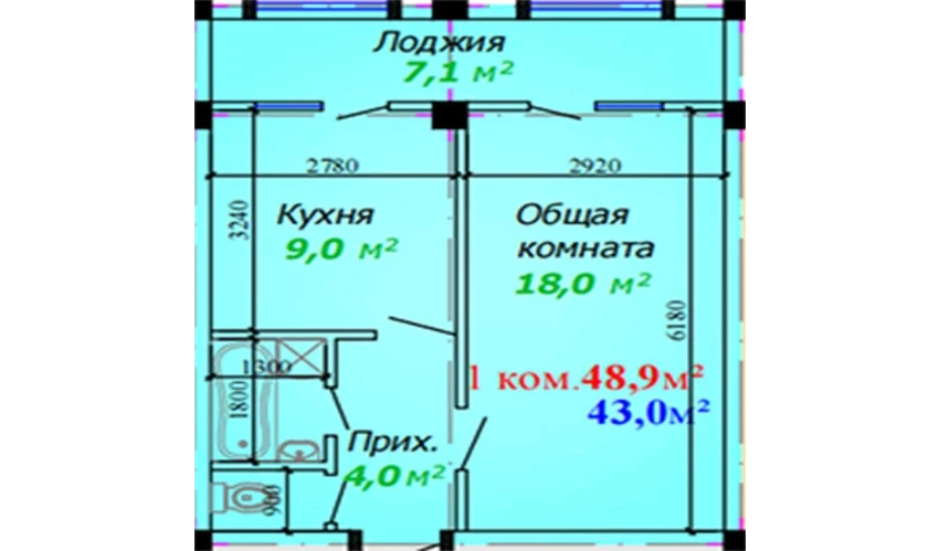 1-комнатная квартира 48.9 м²  1/7 этаж | Жилой комплекс Bunyodkor