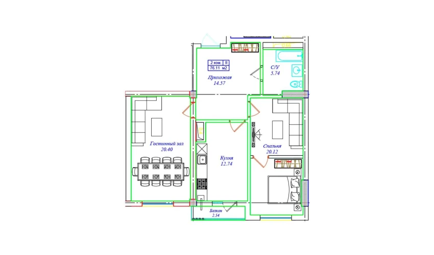 3-xonali xonadon 76.11 m²  6/17 qavat | ASTRA Turar-joy majmuasi