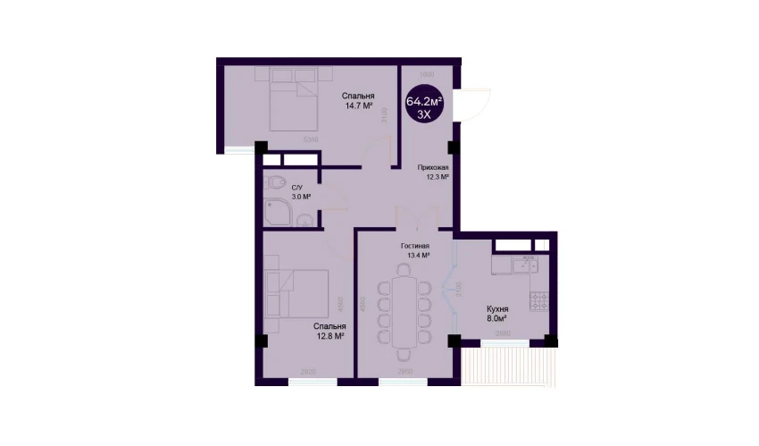 3-комнатная квартира 64.2 м²  3/7 этаж | Жилой комплекс Minor