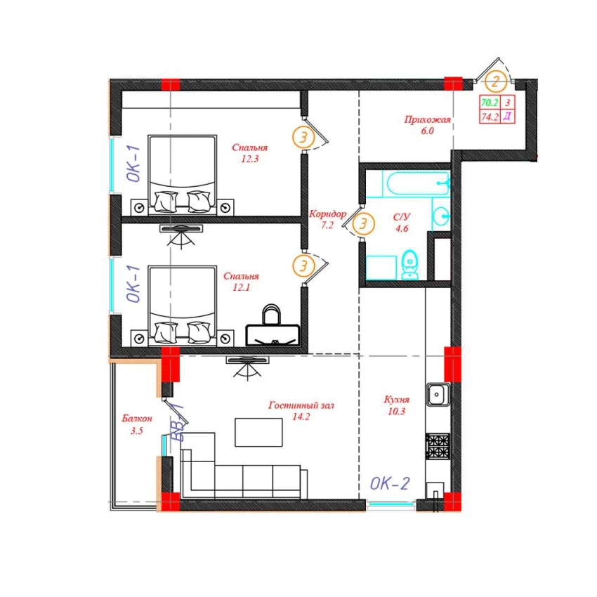 3-xonali xonadon 74.2 m²  2/12 qavat | CHINARA PARK Turar-joy majmuasi