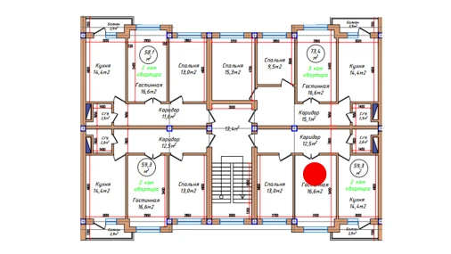 2-xonali xonadon 59.3 m²  3/5 qavat | Oq mahalla Turar-joy majmuasi