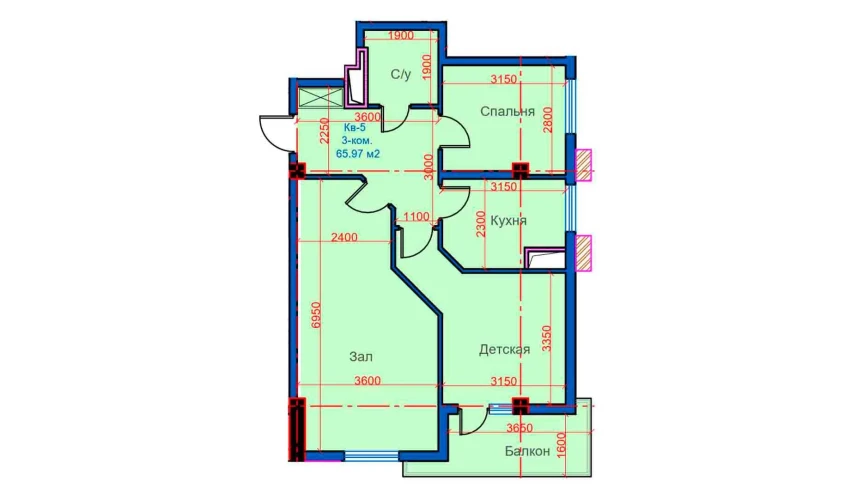 3-комнатная квартира 65.97 м²  11/12 этаж | Жилой комплекс Sokin city