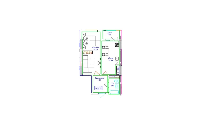 1-комнатная квартира 44.78 м²  15/17 этаж | Жилой комплекс ASTRA