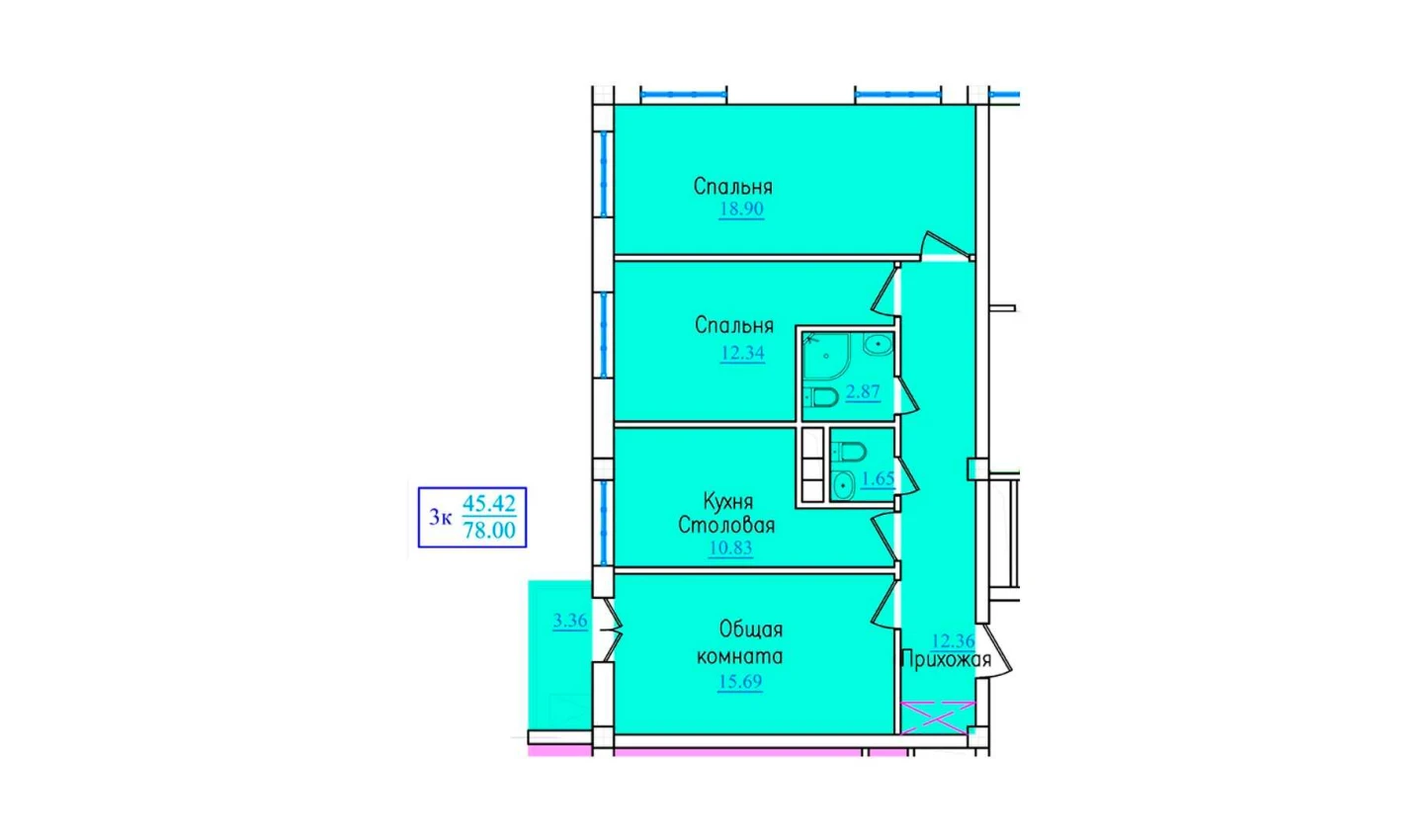 3-xonali xonadon 78 m²  7/9 qavat | PROVANS Turar-joy majmuasi