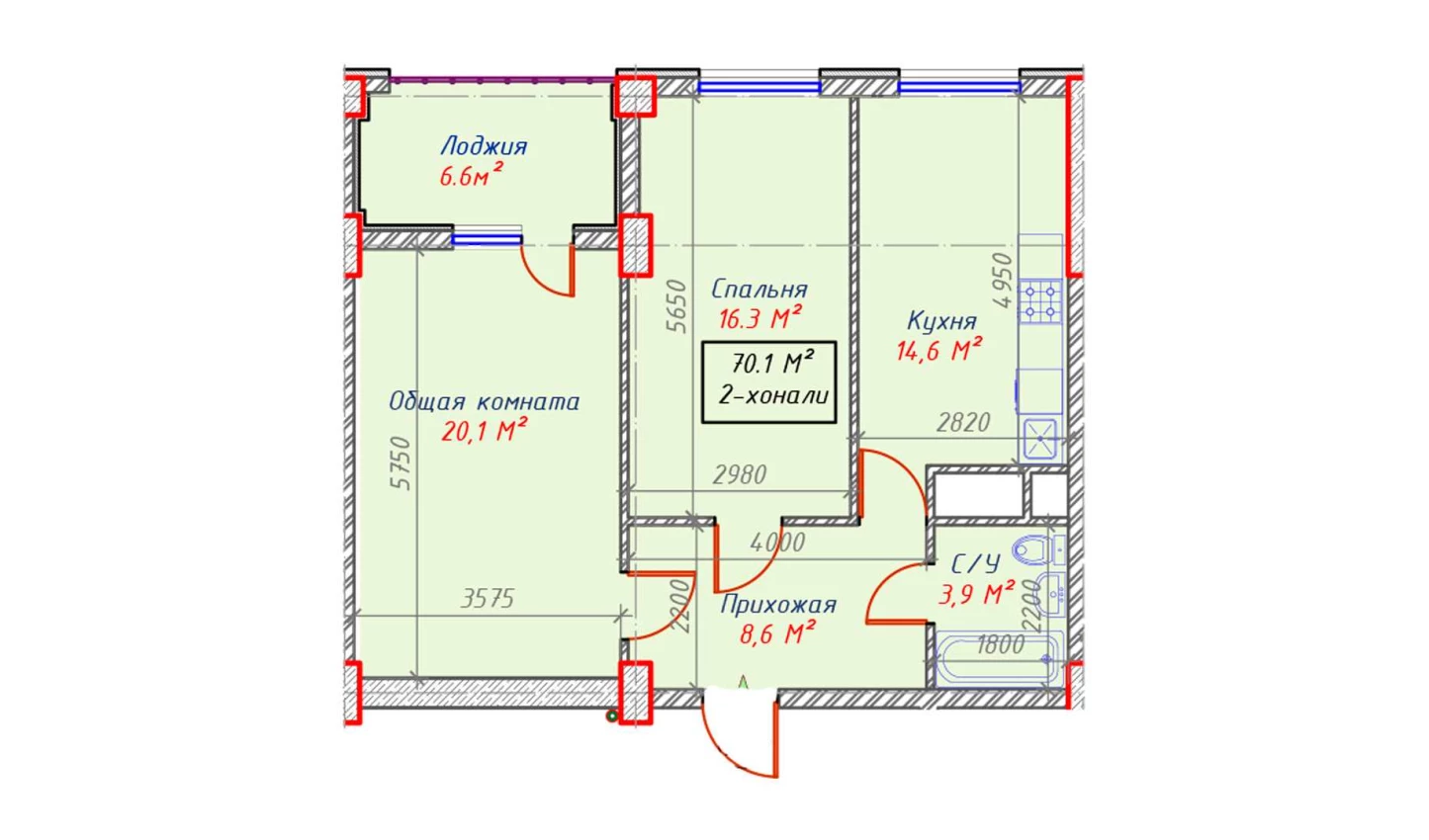 2-xonali xonadon 70.1 m²  13/16 qavat | Sam House (Qora Suv) Turar-joy majmuasi