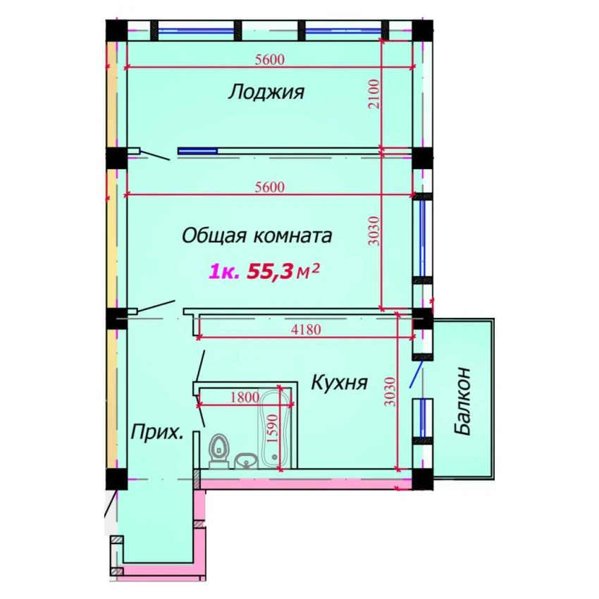1-xonali xonadon 55.3 m²  9/9 qavat | VATAN Turar-joy majmuasi
