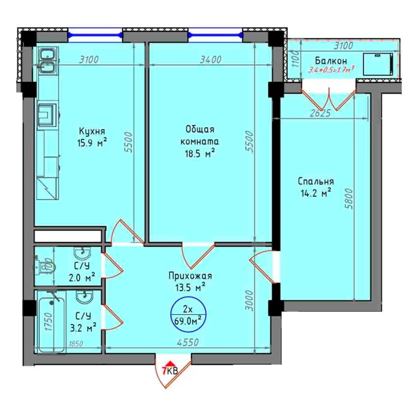 2-xonali xonadon 69 m²  6/12 qavat | Zamin Jizzax Turar-joy majmuasi