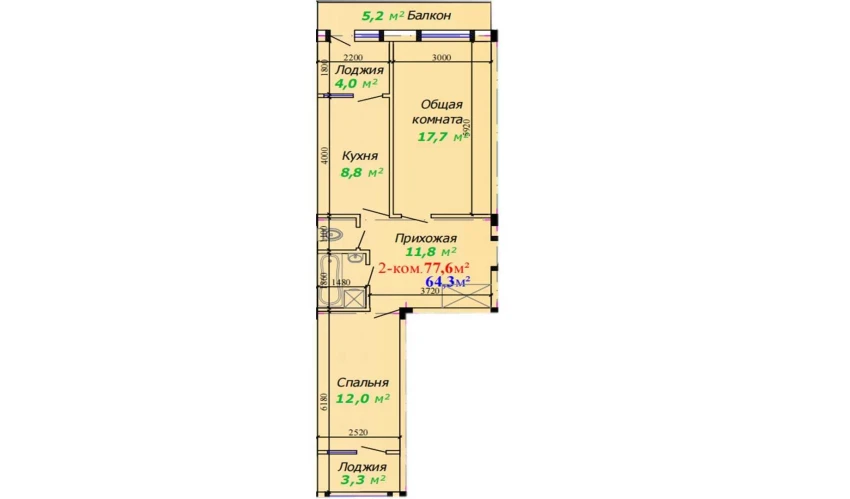 2-xonali xonadon 77.6 m²  3/7 qavat | Bunyodkor Turar-joy majmuasi