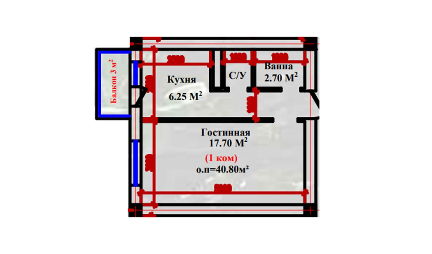 1-комн. квартира 40.8 м²  2-9/9 этаж | Жилой комплекс NAVOIY ME`MORLAR