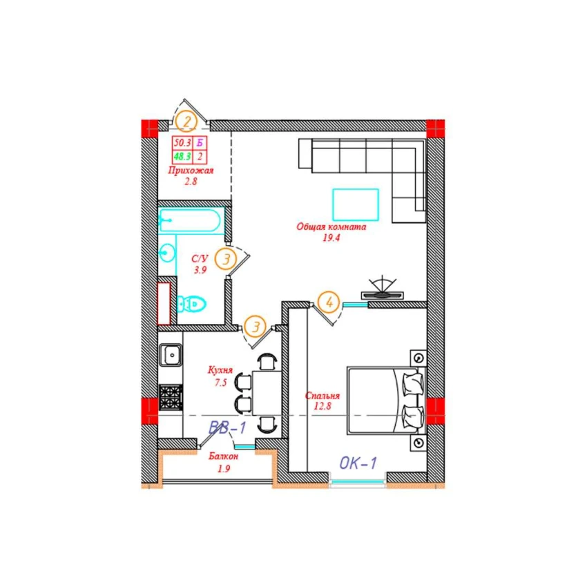 2-xonali xonadon 50.3 m²  4/12 qavat | CHINARA PARK Turar-joy majmuasi