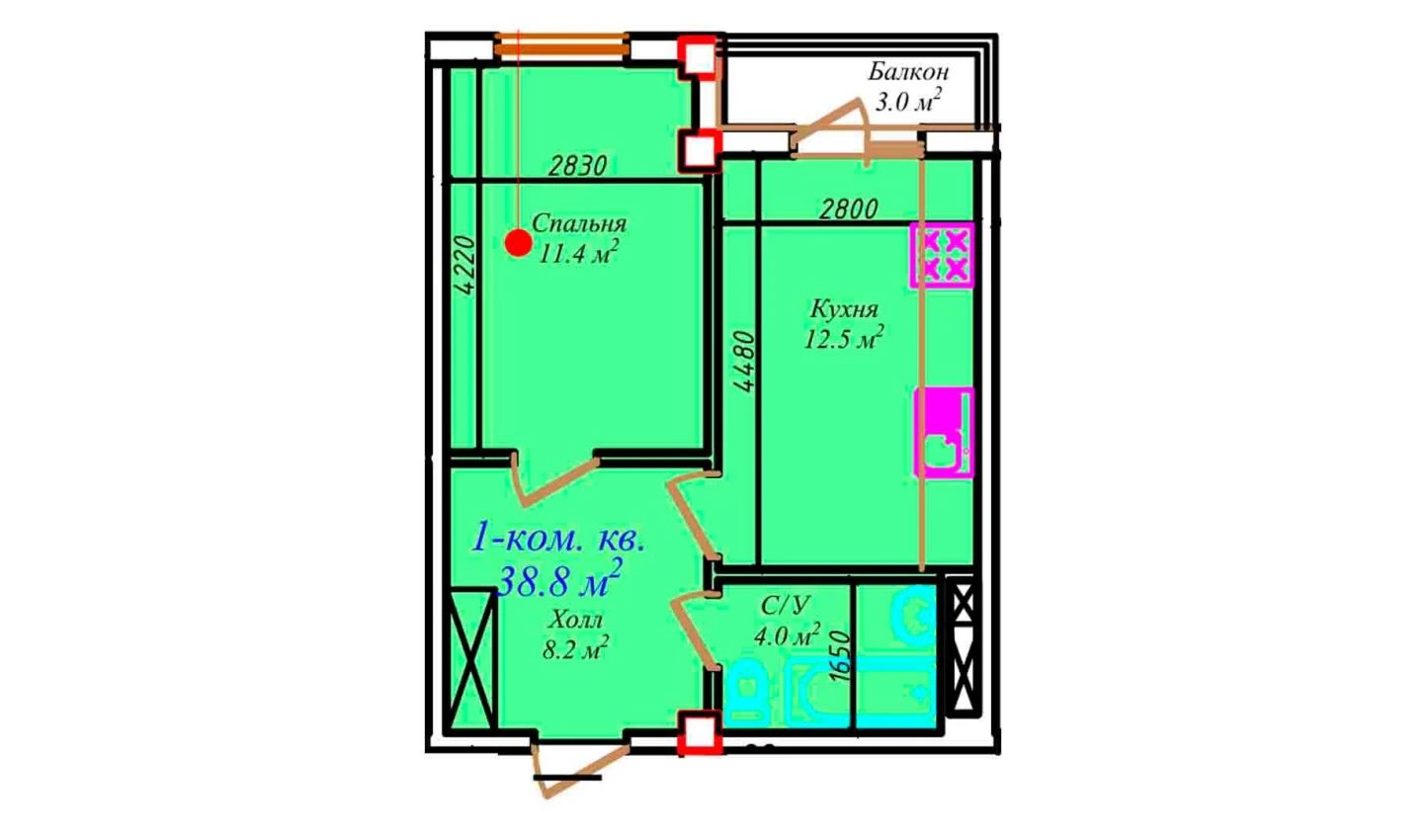 1-xonali xonadon 38.8 m²  7/7 qavat | CHIRCHIQ CITY Turar-joy majmuasi