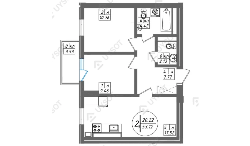 2-комнатная квартира 53.12 м²  2/13 этаж | Жилой комплекс SUN