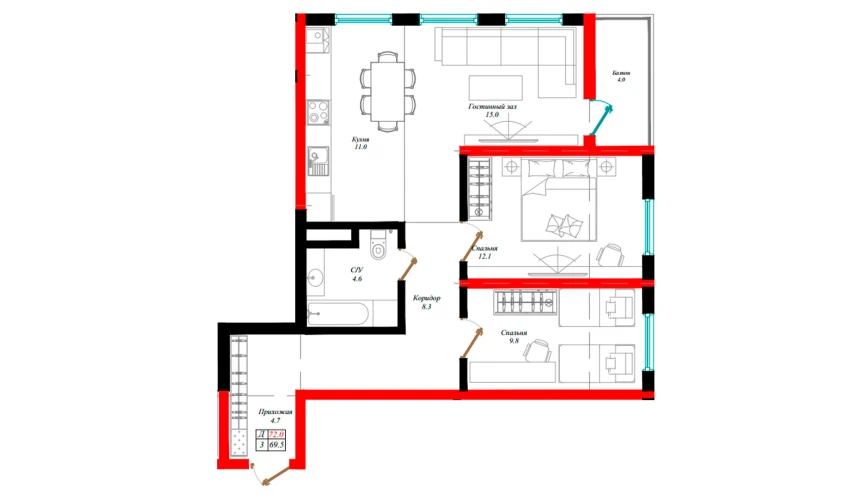 3-комнатная квартира 69.5 м²  3/12 этаж | Жилой комплекс Aman Residence