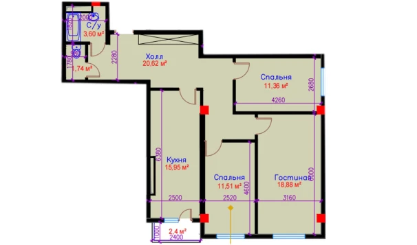 3-xonali xonadon 89.65 m²  9/10 qavat | Ko'kcha-Oqtepa Turar-joy majmuasi