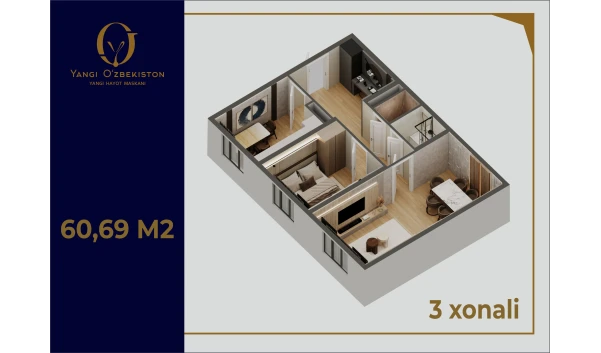 2-xonali xonadon 60.69 m²  2/9 qavat | Yangi O'zbekiston Turar-joy majmuasi