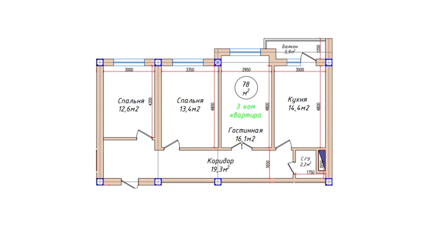 3-xonali xonadon 78 m²  4/5 qavat | Oq mahalla Turar-joy majmuasi