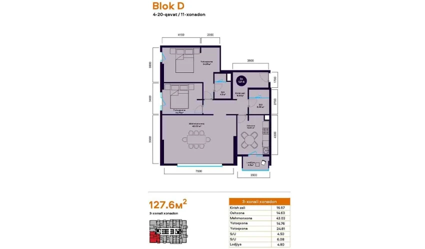 3-xonali xonadon 127.6 m²  11/21 qavat | Central Avenue Turar-joy majmuasi