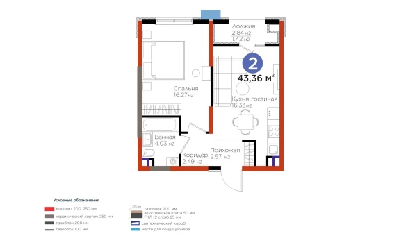 2-xonali xonadon 43.36 m²  2/9 qavat | BI Sad'O Turar-joy majmuasi
